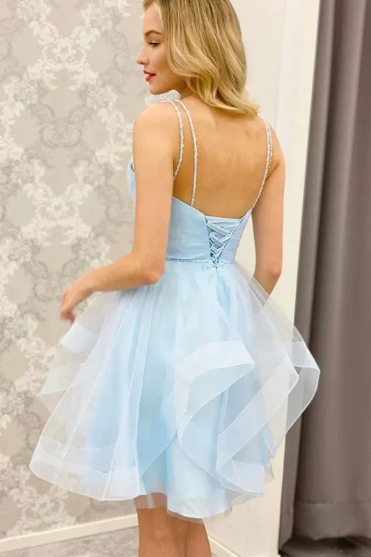 Fashion Light Blue Ruffled Hem Design A-line Tulle Short Spaghetti Strap Homecoming Dress TP3569