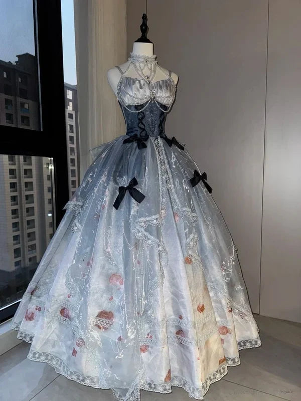 Beautiful Light Blue Lace Tulle Spaghetti Strap Sweet 16 Quinceanera A-Line Evening Dress Ball Gown TP4290