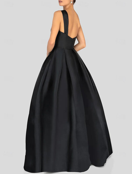 omberprom A-Line Prom Dresses Gowns Evening Dresses Dress Black Formal Dress Floor Length Sleeveless One Shoulder Satin with Ruched
