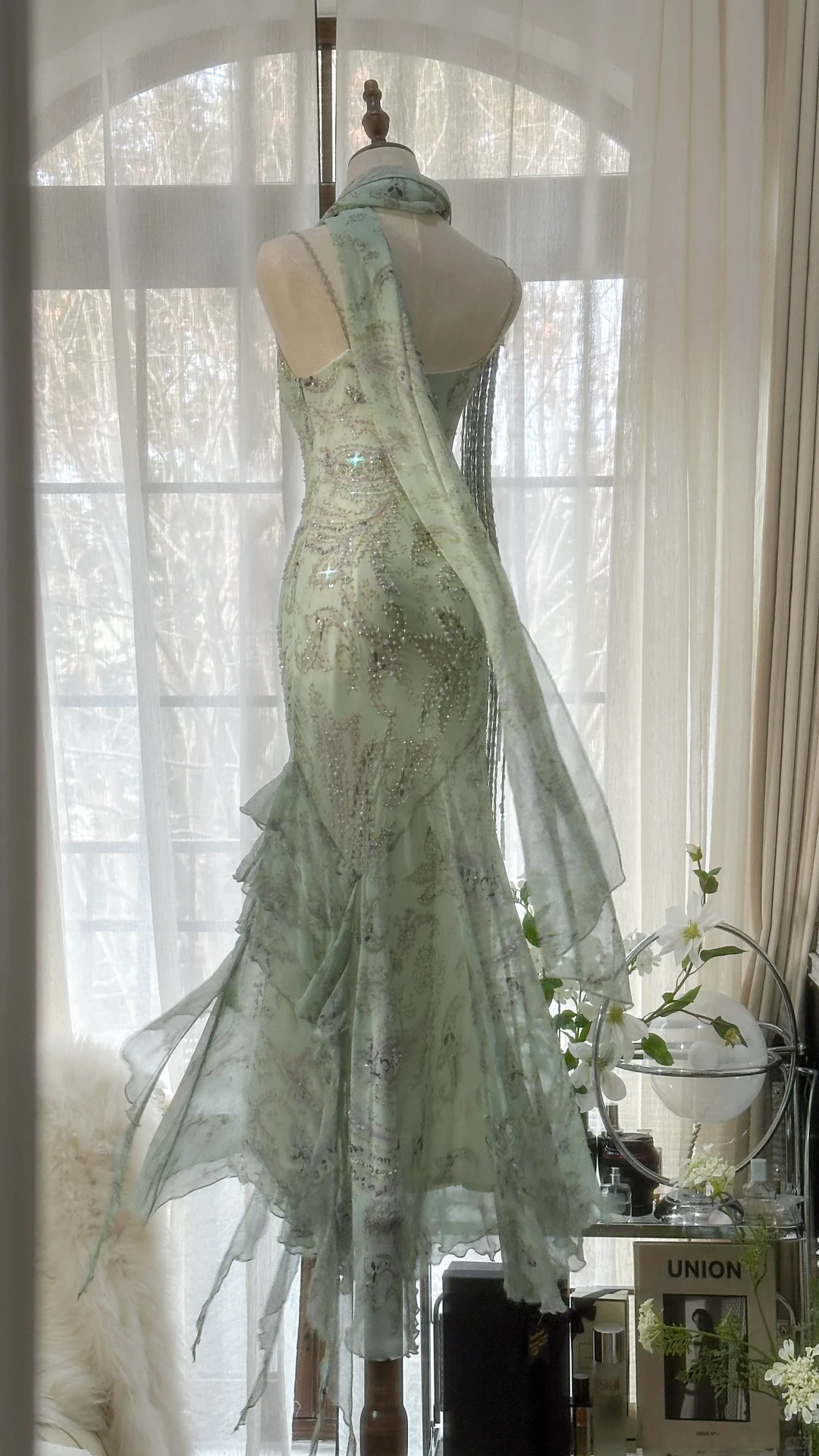 Elegant Light Green Sparkling Beaded Spaghetti Strap Romantic Chiffon Evening Dress Prom Dresses TP3980