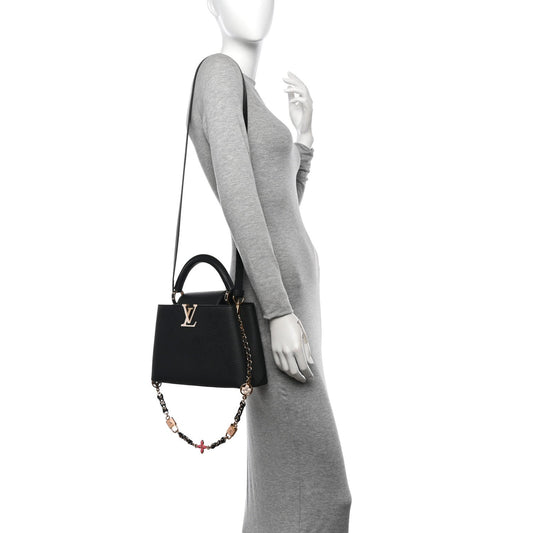 Taurillon Enamel Flower Padlock Chain Capucines BB Black