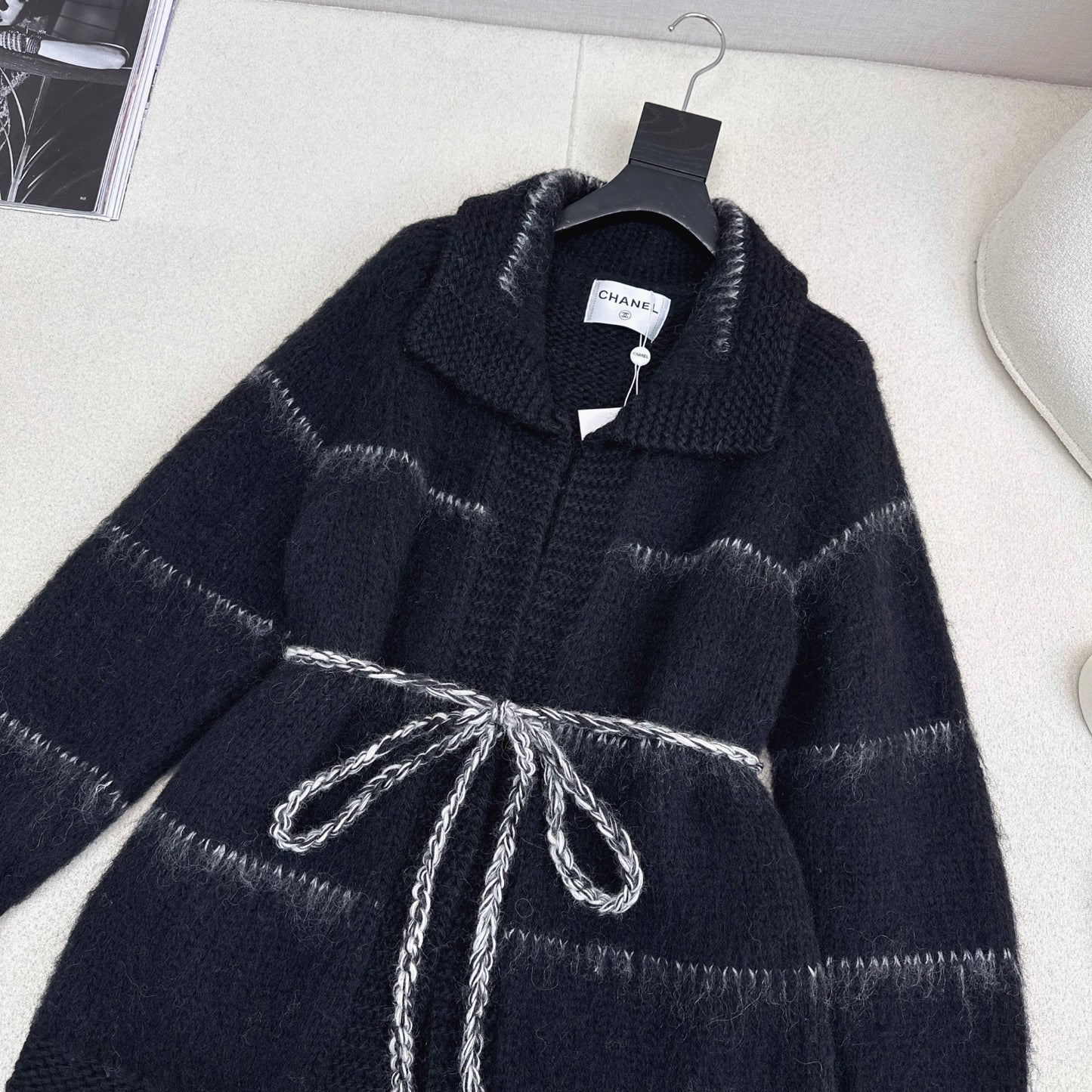 CC Mohair Wool Fluffy Black and White Belt Cardigan