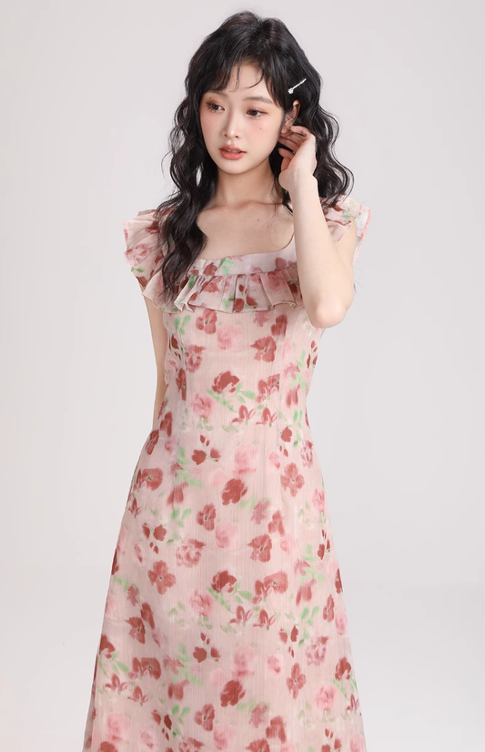 New Simple Fashion Short Puffy Sleeves Floral Design A-Line Dress TP3042
