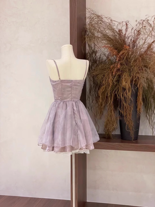 Vintage Light Purple Spaghetti Strap A-line Tulle Short Party Dress Homecoming Dresses TP3925