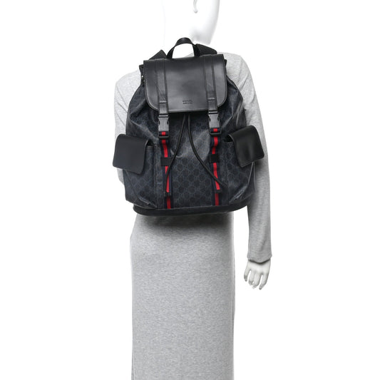 Soft GG Supreme Monogram Calfskin Web Double Buckle Backpack Black