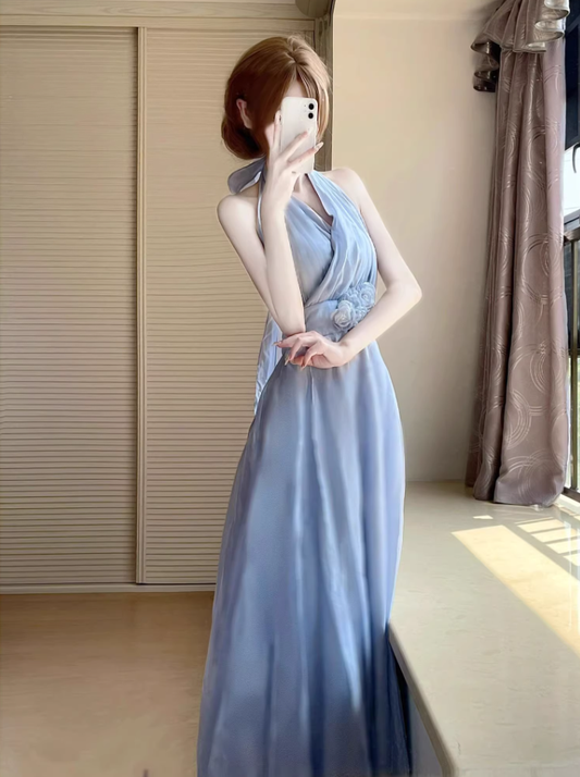 Blue V-neck halter dress for women French gentle temperament holiday style waist A-line long skirt R0427