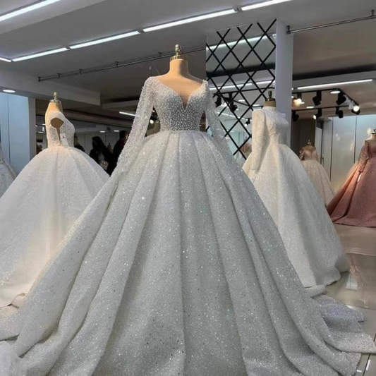 Glamorous Sparkle Sequin Long Sleeves Royalty-Inspired Bridal Wedding Dress TP5313
