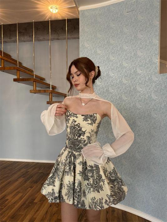 Retro pattern tube top waist slimming puffy skirt homecoming dress R3895