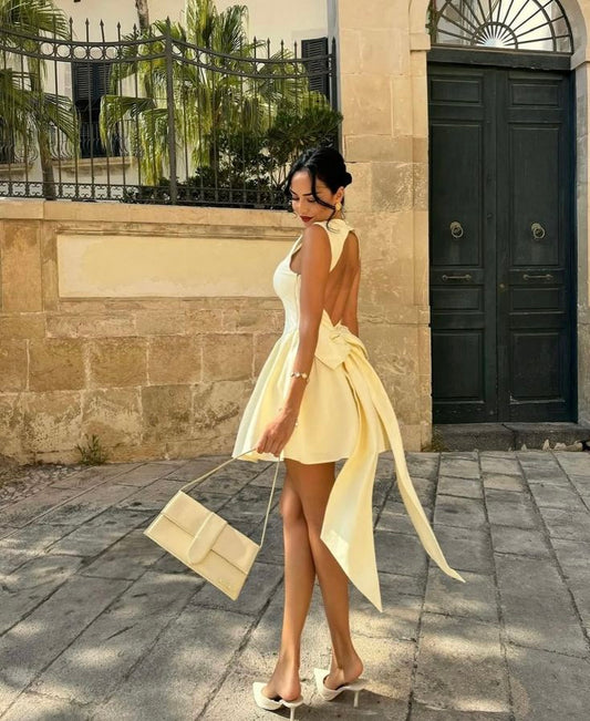 Yellow suspender A-line backless sexy slim skirt homecoming dress R2421