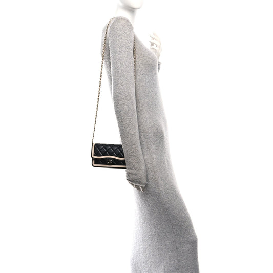 Lambskin Quilted Phone Holder Wallet With Chain Black Beige