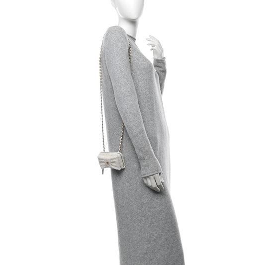 Tweed Quilted Bow Flap Card Holder On Chain White