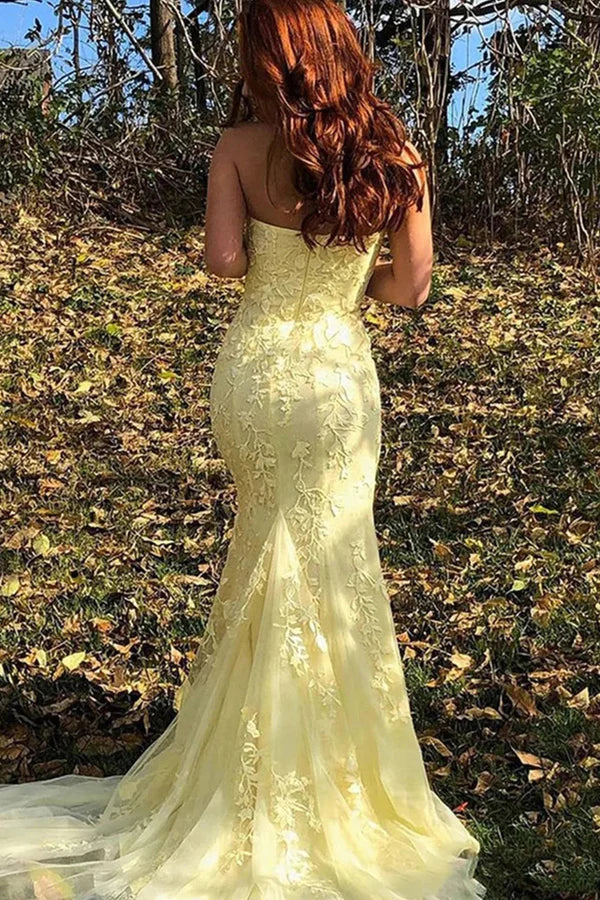 omberprom Elegant Mermaid Evening Dress Strapless Lace Long Prom Dress with Slit