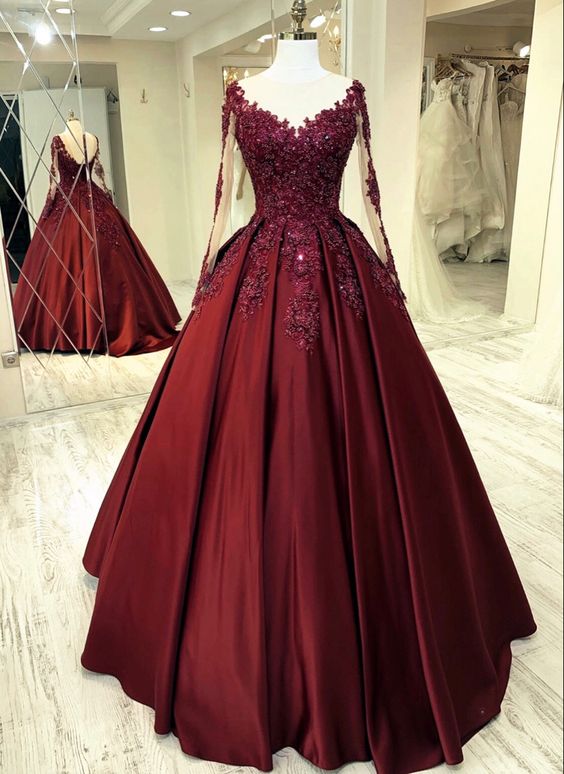 Elegant Burgundy Wedding Dress Lace Long Sleeves Ball Gowns Sheer Neckline For Women Prom Dress
