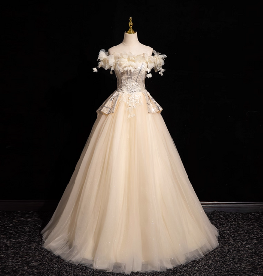 Elegant Champagne One-Shoulder 3D Floral Tulle Long Ball Gown Evening Dresses Sweet 16 Dresses