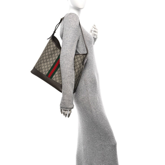 GG Supreme Monogram Textured Dollar Calfskin Web Large Ophidia Bucket Shoulder Bag Beige Ebony New Acero