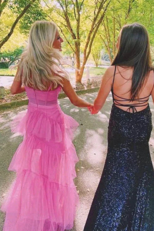 PM095,Pink Spaghetti Straps Floor Length Prom Dress With Ruffles, Tulle Formal Gown