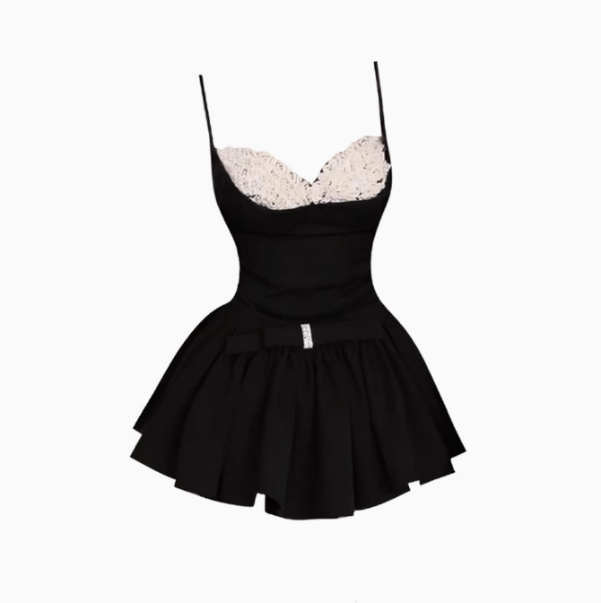 Ballet style contrast color suspender top 2025 sweet hot girl bow a-line skirt suit R1291