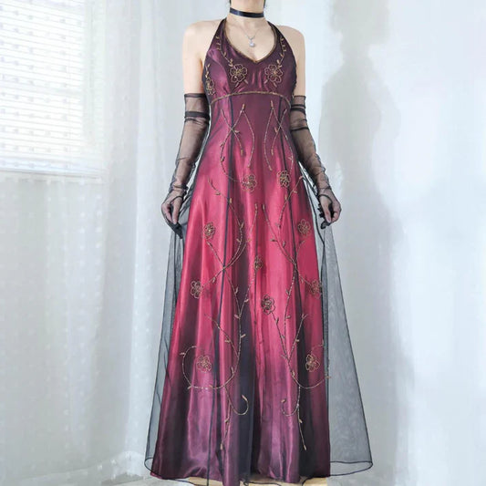 Vintage Fuchsia Chiffon Halter-neck A-Line Prom Dress Party Dress Evening Dress TP4550
