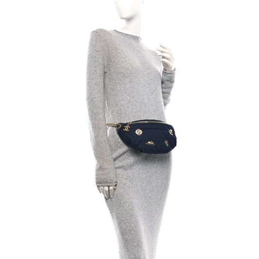 Wool Lambskin Quilted Paris Hamburg Charms Waist Bag Dark Navy