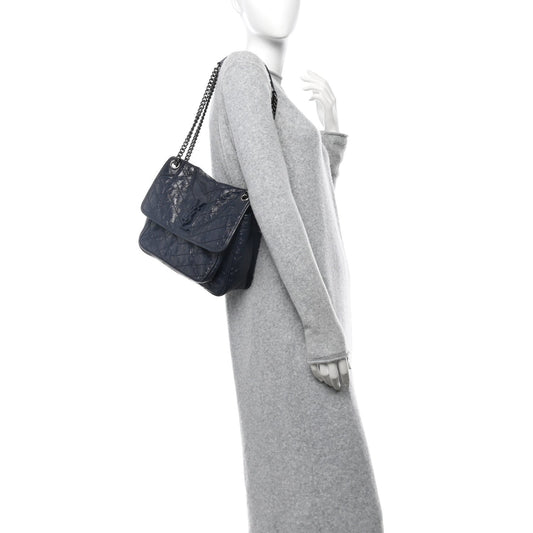 Crinkled Calfskin Matelasse Monogram Medium Niki Chain Satchel Deep Marine