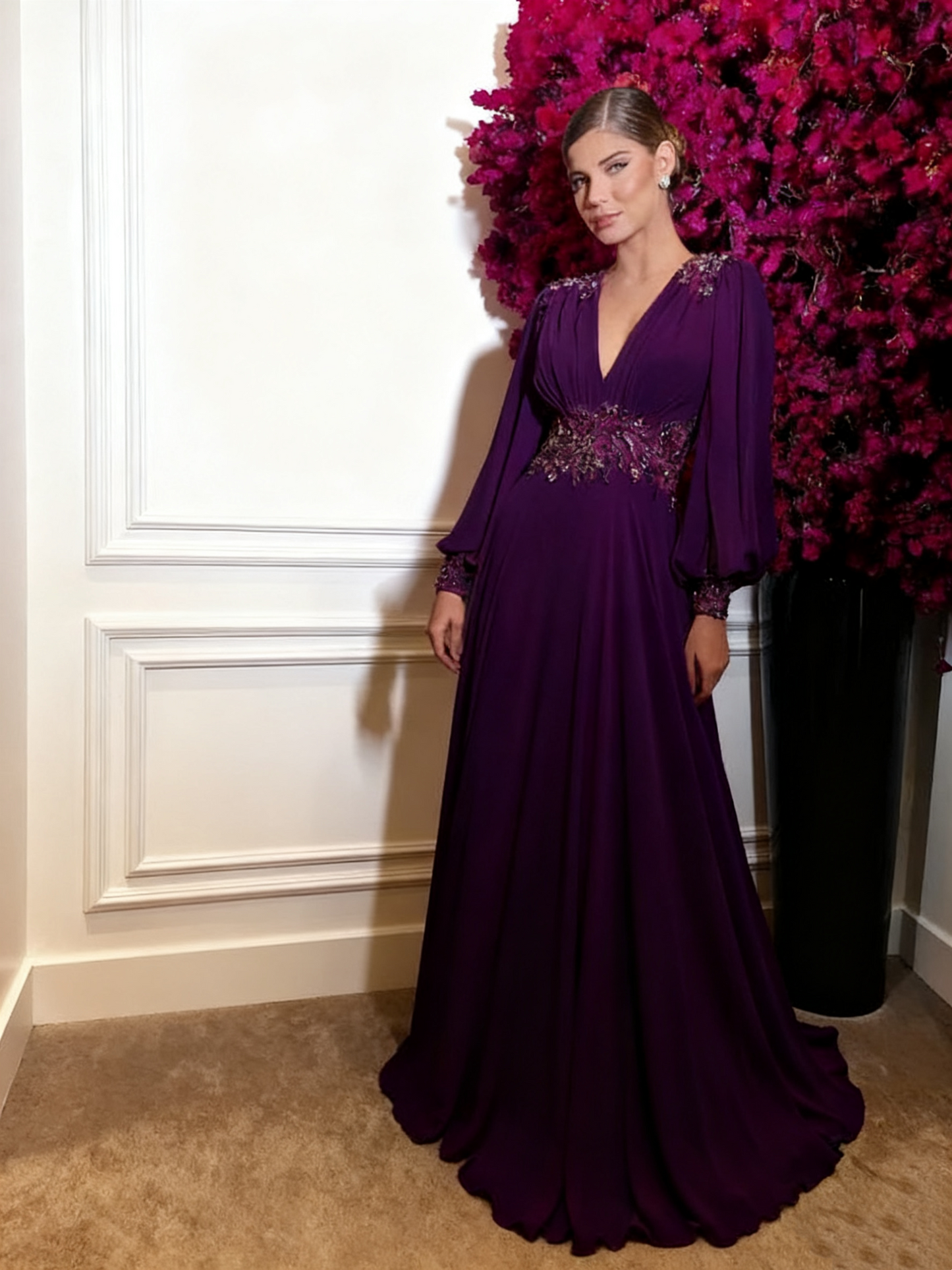 Fuchsia Chiffon Prom Dresses Simple Evening Dress Long Puff Sleeves V Neck Slit A Line Party Gowns