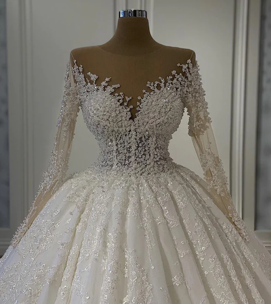 Sheer Neck Lace Wedding Dress Ball Gown Long Sleeves fg711