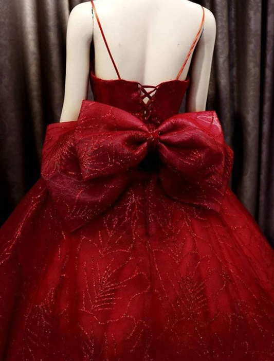Deep red sparkle beaded thin strap V neck ball gown wedding dress with bow back fg777