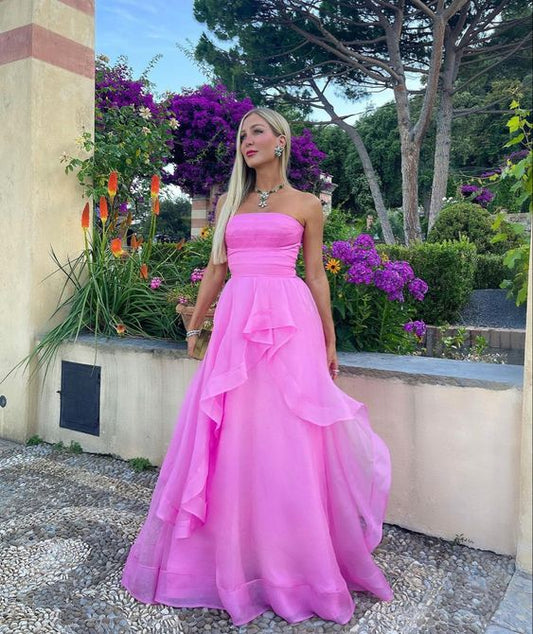Elegant Strapless A-line Pink Prom Dress,Stunning Pink Formal Gown Y1301