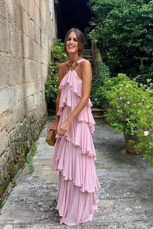 Elegant Halter Chiffon Prom Dress With Layered, Backless Evening Gown Y1232