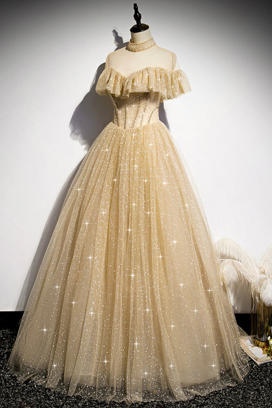 Gold A line sequins long ball gown dress formal dress s78