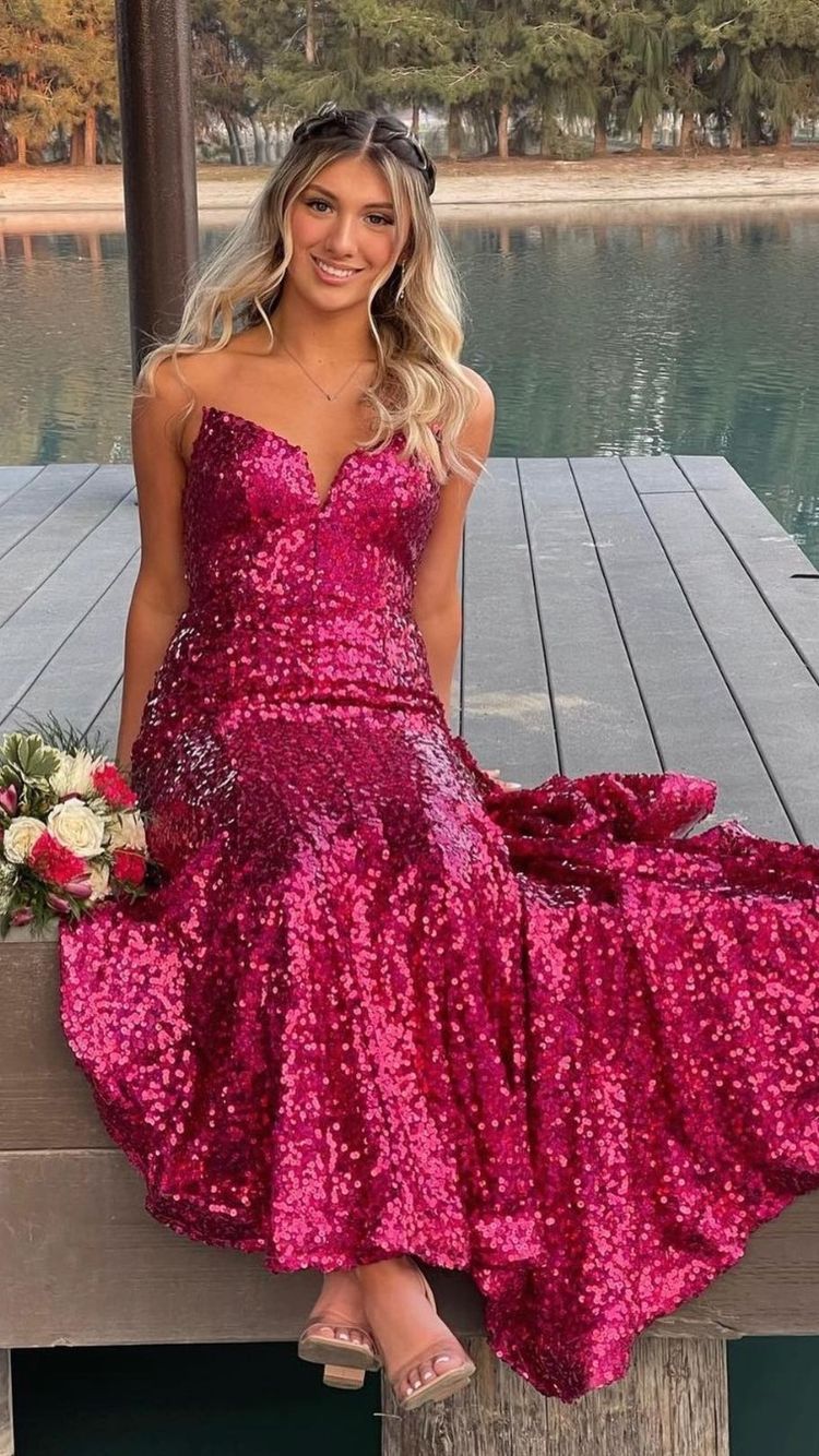 Strapless Fuchsia Sequins Long Prom Dress,Elegant Mermaid Evening Dress Y1876