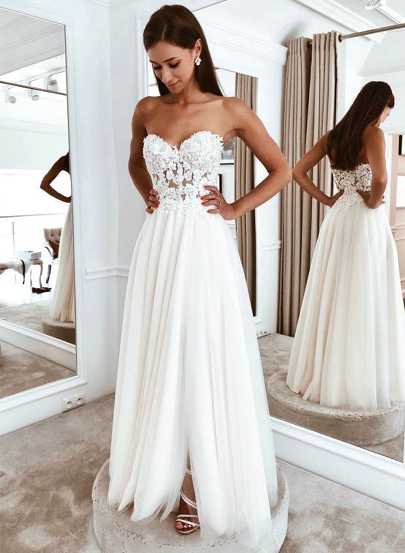 PM384,Sweetheart White Tulle Wedding Gown,Applique Long Bridal Dresses