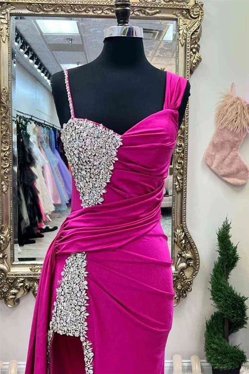 omberprom Elegant Chic Evening Dress Asymmertrical Fuchsia Beaded Long Porm Dress