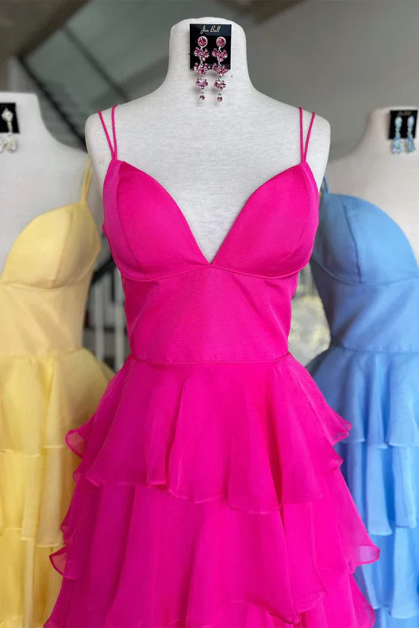 omberprom V-Neck Evening Dress Straps Ruffle Chiffon Prom Dress with Slit