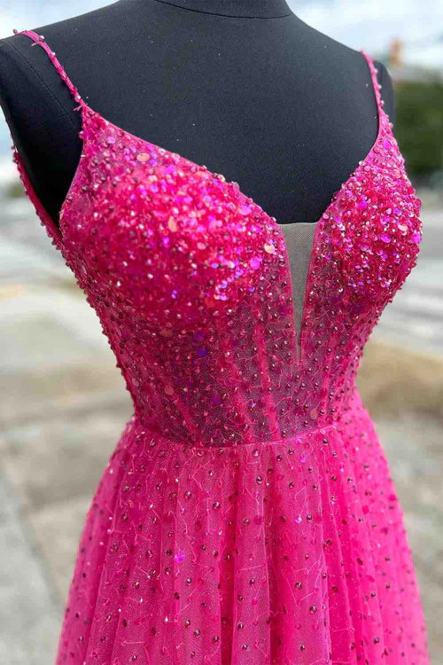 omberprom Fashion Straps Evening Dress Neon Pink Beaded A-Line Long Formal Dress