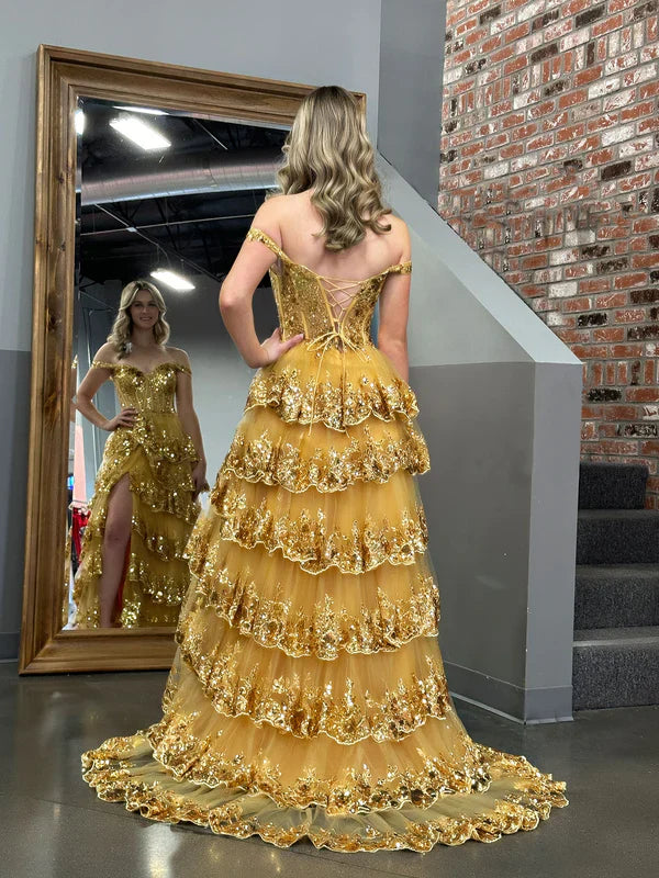 omberprom Gold Princess A Line Off the Shoulder Corset Prom Dress with Lace Ruffles