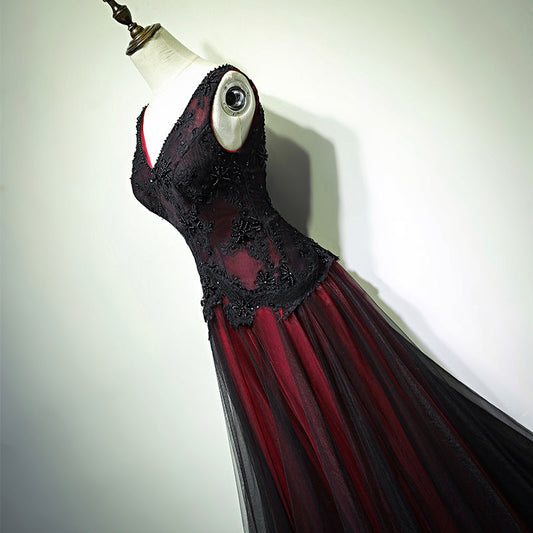 Gorgeous Black And Red V-Neckline Tulle Beaded Prom Dresses, Long Prom Gowns