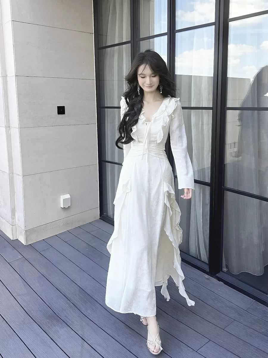 v-neck dress long sleeves ruffled dress S6151