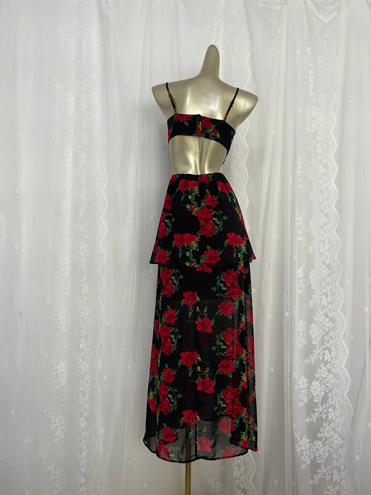 New long chiffon floral suspender dress for women summer vacation retro long party dress S5768