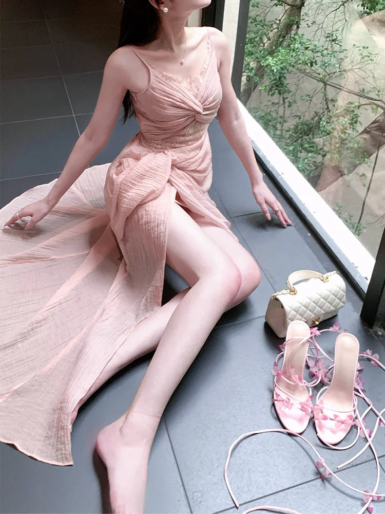 retro lace pink dress long party evening dress S6094