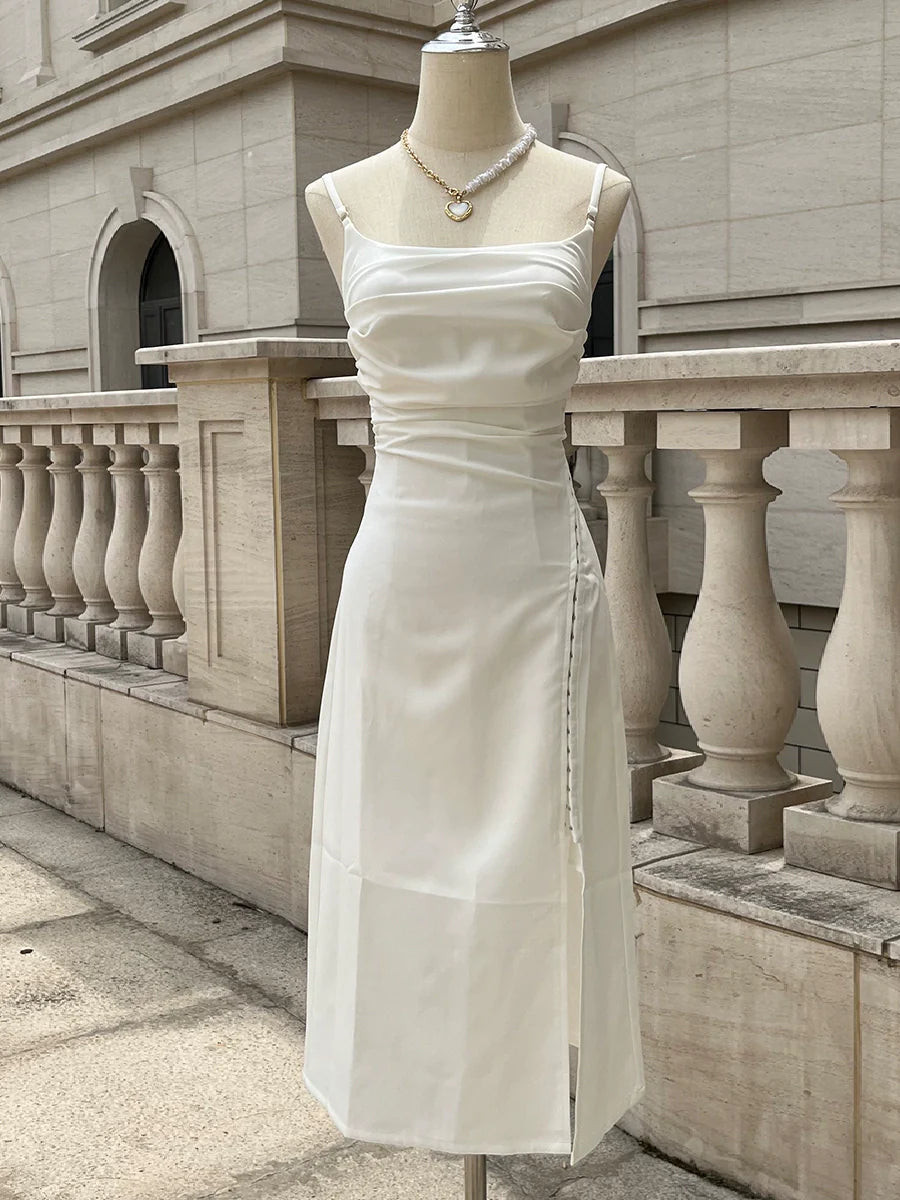 white dress sexy backless slit party dress S6009