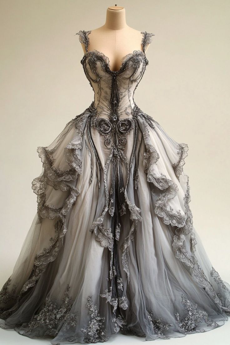 Grey V-Neck Lace Tulle Long Ball Gowns, Vintage Prom Dresses