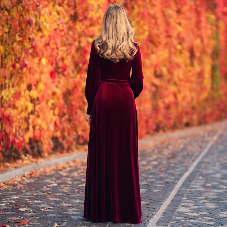 omberprom Elegant Plum Burgundy Velvet Dress Ruched Long Sleeve Formal Dress