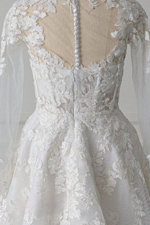 omberprom Short A-Line Illusion Neck Long Sleeves Lace Wedding Dresses