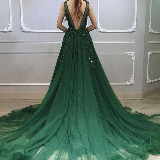omberprom Low Back Lace V-neckline Party Dress A-line Prom Dress Floor Length Wholesale