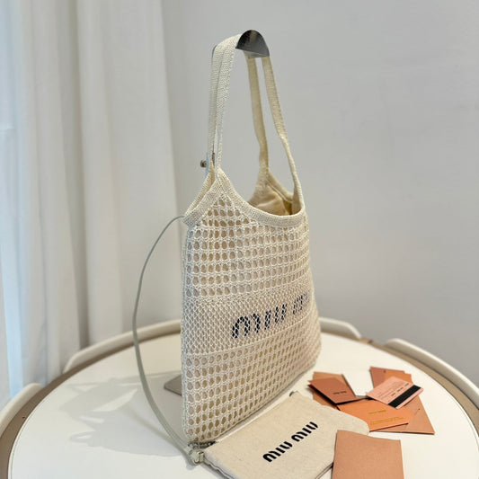Miu Miu Shoulder Bag 34cm White Raffia Canvas