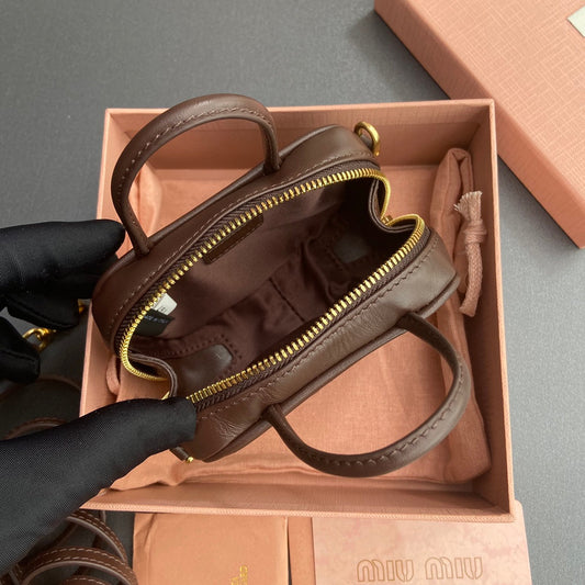 MICRO BAG KEYCHAIN 11 IN ROCK BROWN CALFSKIN EMBOSSED LOGO
