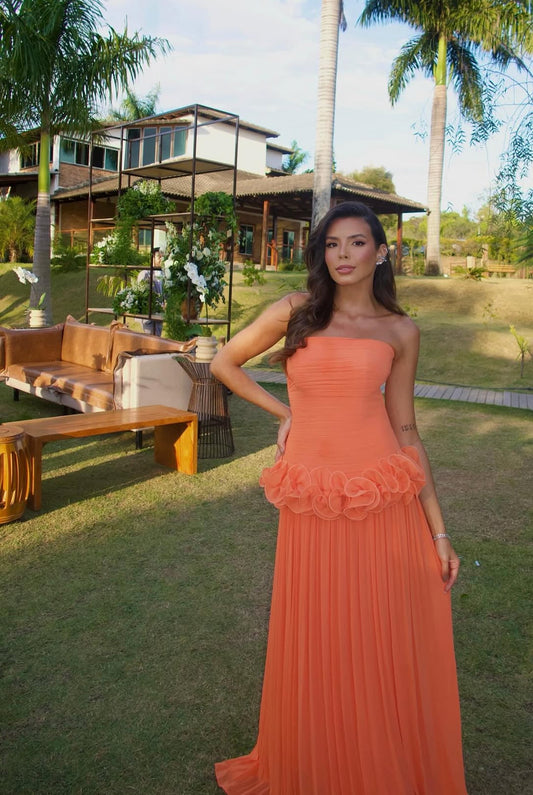 Classy Strapless Orange Long Prom Dress Wedding Guest Dresses