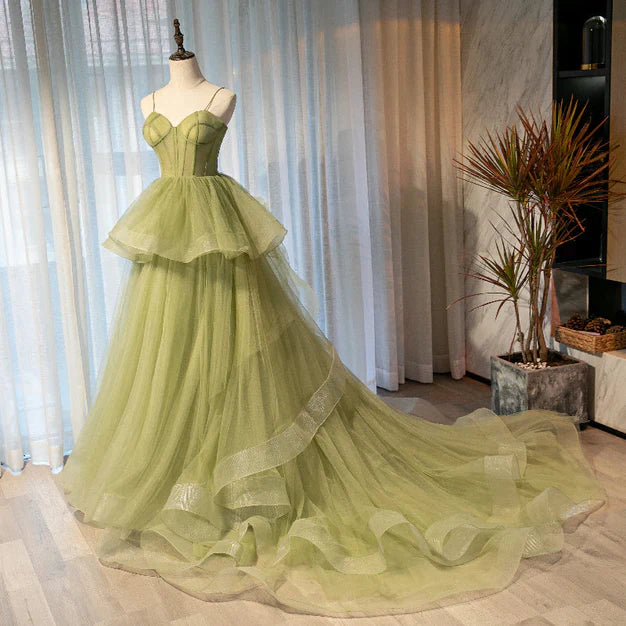 omberprom Beautiful Green Tulle Layers Ball Gown Wedding Party Dress Long Evening Dress Prom Dress Wholesale