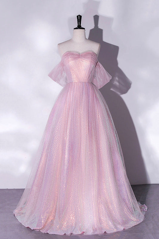 Pink Tulle Sequins Long Prom Dress,A-Line Formal Graduation Dress